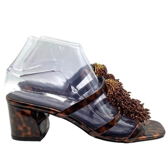 REBECCA MINKOFF 7 37.5 Raygan Seed Bead Fringe Tortoise Print Heeled Mule Sandal - Picture 5 of 14